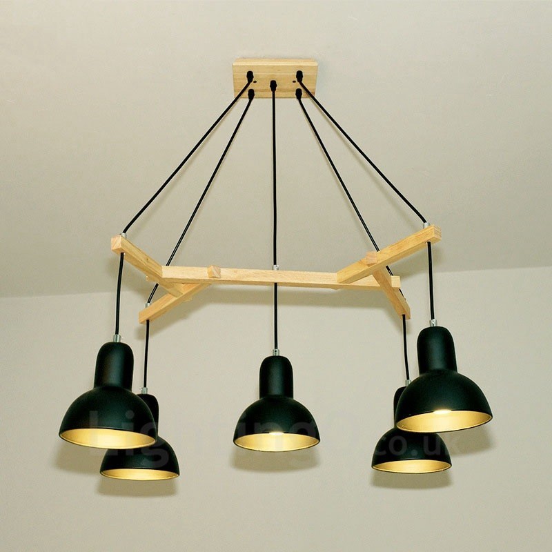 Lámpara colgante contemporánea moderna de madera de 5 luces con pantalla de hierro