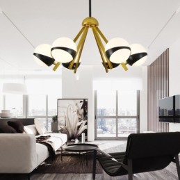 Lámpara de techo de estilo nórdico contemporáneo moderno de 6 luces con pantalla de cristal en forma de bola en blanco y negro