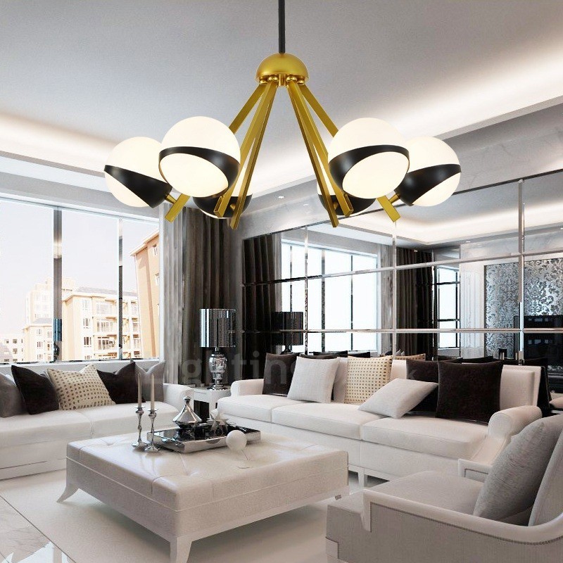 Lámpara de techo de estilo nórdico contemporáneo moderno de 6 luces con pantalla de cristal en forma de bola en blanco y negro