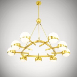 Lámpara de techo de estilo nórdico contemporáneo moderno de 9 luces con baño de cobre y pantalla de cristal esférico dorado y blanco.