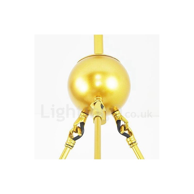 Lámpara de techo de estilo nórdico contemporáneo moderno de 9 luces con baño de cobre y pantalla de cristal esférico dorado y blanco.