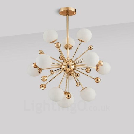 Lámpara de techo moderna contemporánea de 11 luces con baño de cobre y pantalla de cristal con forma de bola blanca. Lámpara de techo moderna contemporánea de 11 luces con baño de cobre y pantalla de cristal con forma de bola blanca.