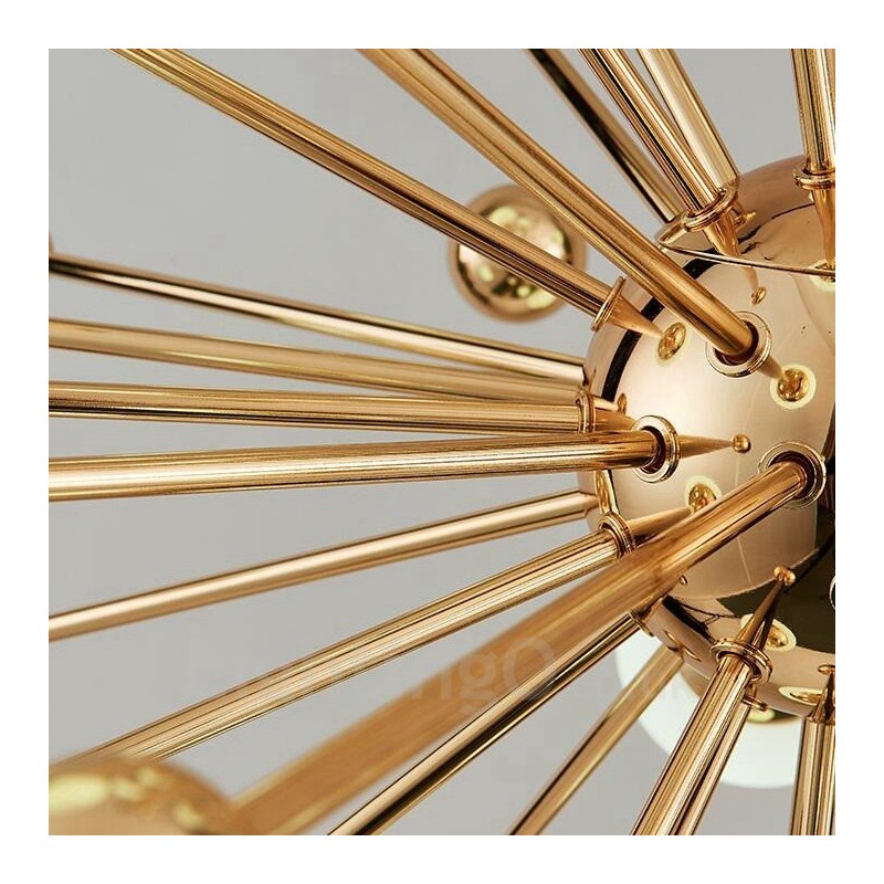 Lámpara de techo moderna contemporánea de 11 luces con baño de cobre y pantalla de cristal con forma de bola blanca.