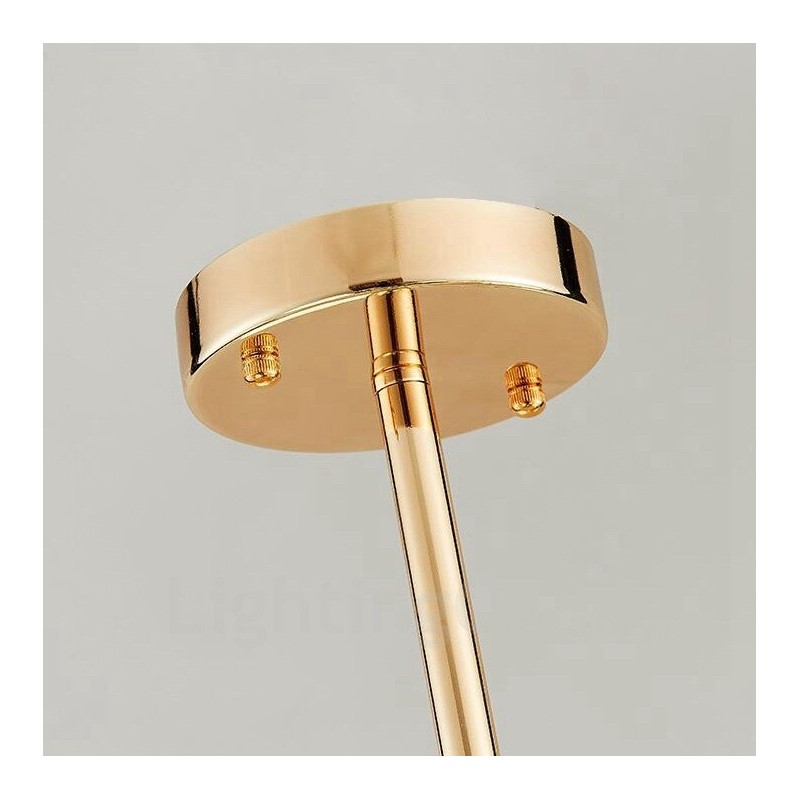 Lámpara de techo moderna y contemporánea de 18 luces con revestimiento de cobre y pantalla de cristal con forma de bola blanca.