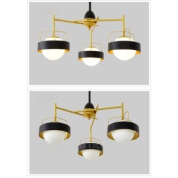 Lámpara de techo moderna contemporánea de 3 luces con baño de cobre y pantalla de cristal esférico blanco y negro.