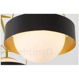 Lámpara de techo moderna contemporánea de 3 luces con baño de cobre y pantalla de cristal esférico blanco y negro.