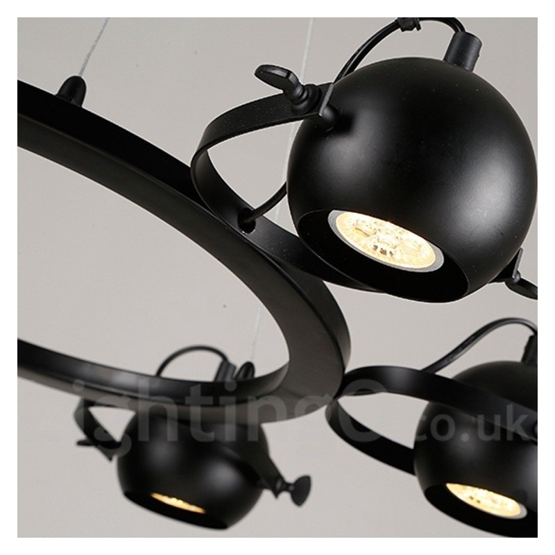 Lámpara colgante retro vintage de hierro negro de 6 luces con pantallas esféricas de hierro negro