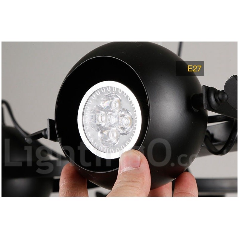 Lámpara colgante retro vintage de hierro negro de 6 luces con pantallas esféricas de hierro negro