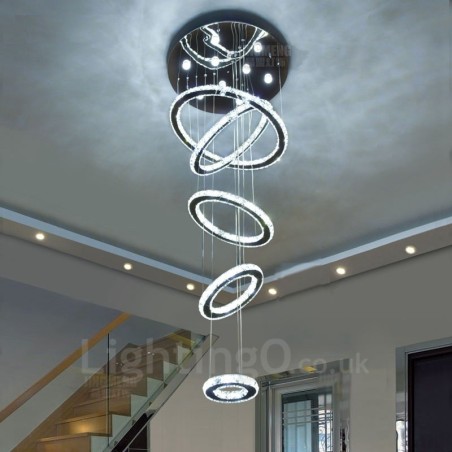 Lámpara colgante de techo de cristal moderna con 5 anillos, regulable, Wi-Fi, inteligente, tres colores de fuente de luz, lámpara de araña para interiores Lámpara colgante de techo de cristal moderna con 5 anillos, regulable, Wi-Fi, inteligente, tres colores de fuente de luz, lámpara de araña para interiores