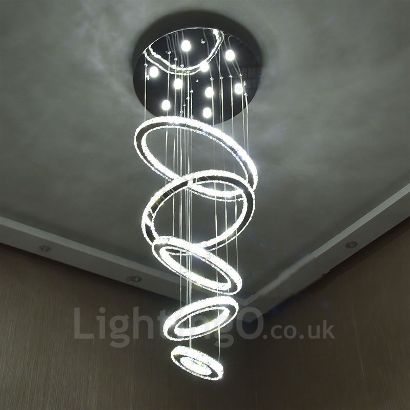 Lámpara colgante de techo de cristal moderna con 5 anillos, regulable, Wi-Fi, inteligente, tres colores de fuente de luz, lámpara de araña para interiores