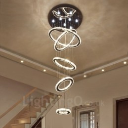 Lámpara colgante de techo de cristal moderna con 5 anillos, regulable, Wi-Fi, inteligente, tres colores de fuente de luz, lámpara de araña para interiores