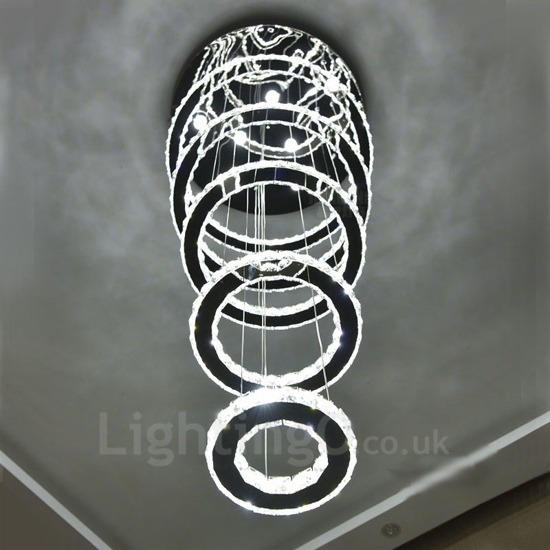 Lámpara colgante de techo de cristal moderna con 5 anillos, regulable, Wi-Fi, inteligente, tres colores de fuente de luz, lámpara de araña para interiores