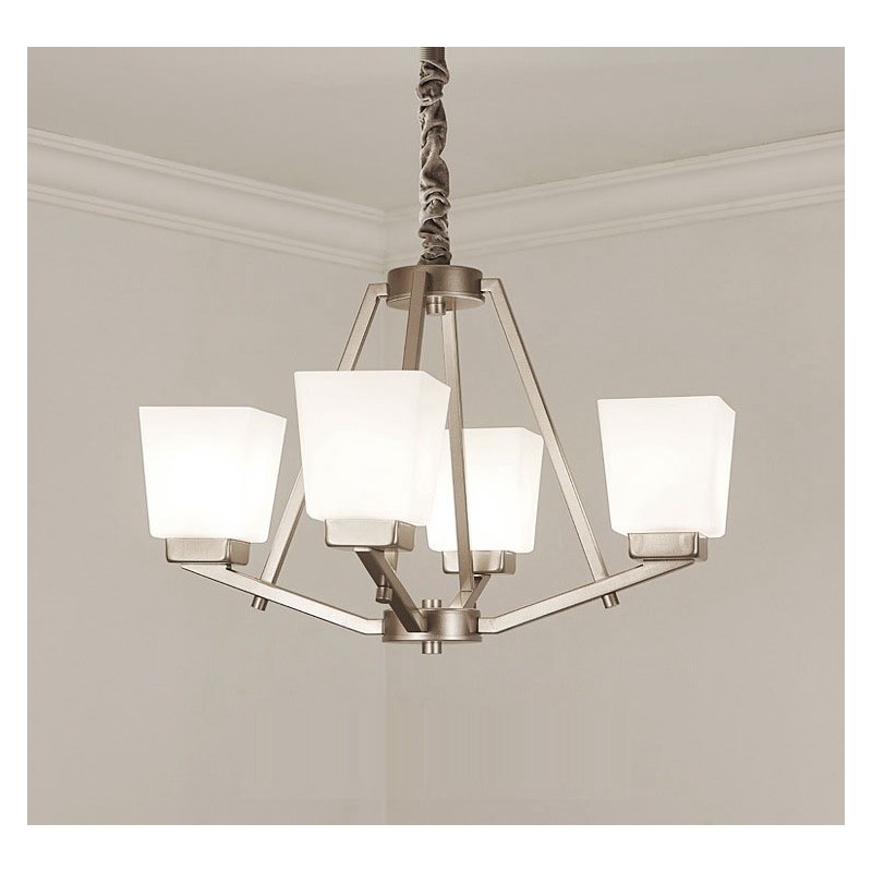 Lámpara colgante cromada de 4 luces para interiores, moderna, con pantallas de vidrio.
