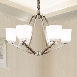 Lámpara colgante cromada de 6 luces para interiores, moderna, con pantallas de vidrio.