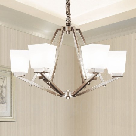 Lámpara colgante cromada de 6 luces para interiores, moderna, con pantallas de vidrio. Lámpara colgante cromada de 6 luces para interiores, moderna, con pantallas de vidrio.