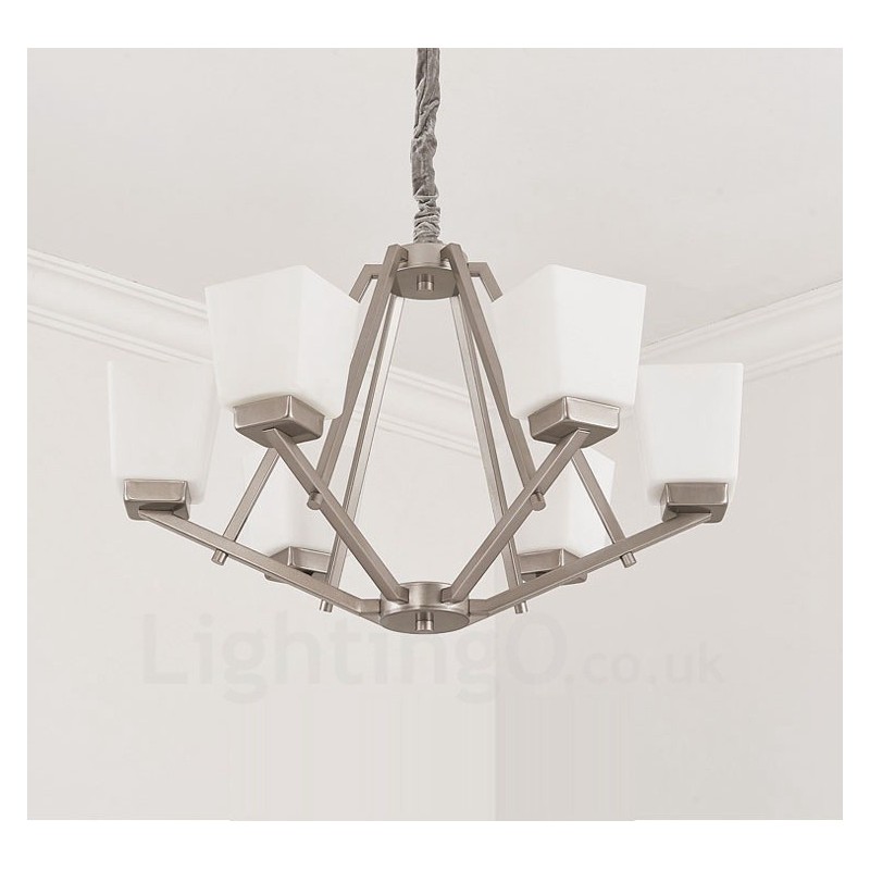 Lámpara colgante cromada de 6 luces para interiores, moderna, con pantallas de vidrio.