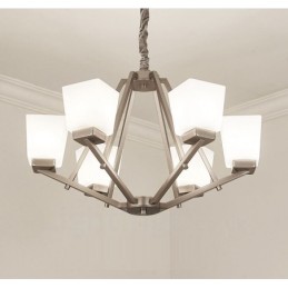 Lámpara colgante cromada de 6 luces para interiores, moderna, con pantallas de vidrio.
