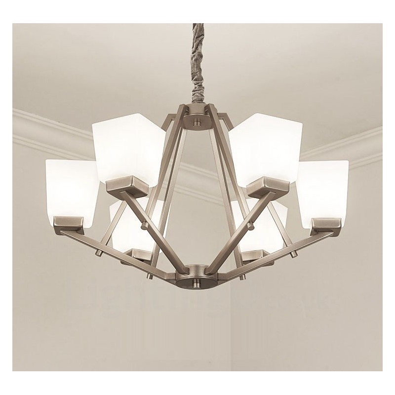 Lámpara colgante cromada de 6 luces para interiores, moderna, con pantallas de vidrio.