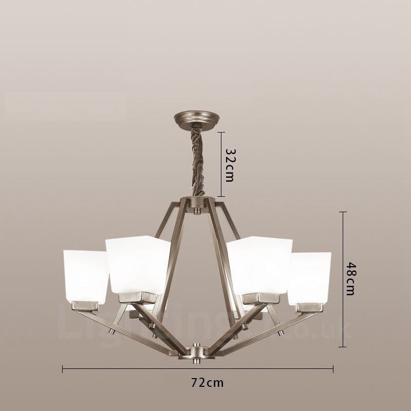 Lámpara colgante cromada de 6 luces para interiores, moderna, con pantallas de vidrio.