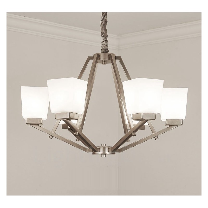 Lámpara colgante cromada de 6 luces para interiores, moderna, con pantallas de vidrio.