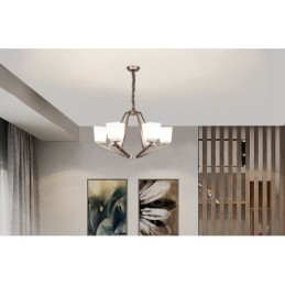 Lámpara colgante cromada de 6 luces para interiores, moderna, con pantallas de vidrio.