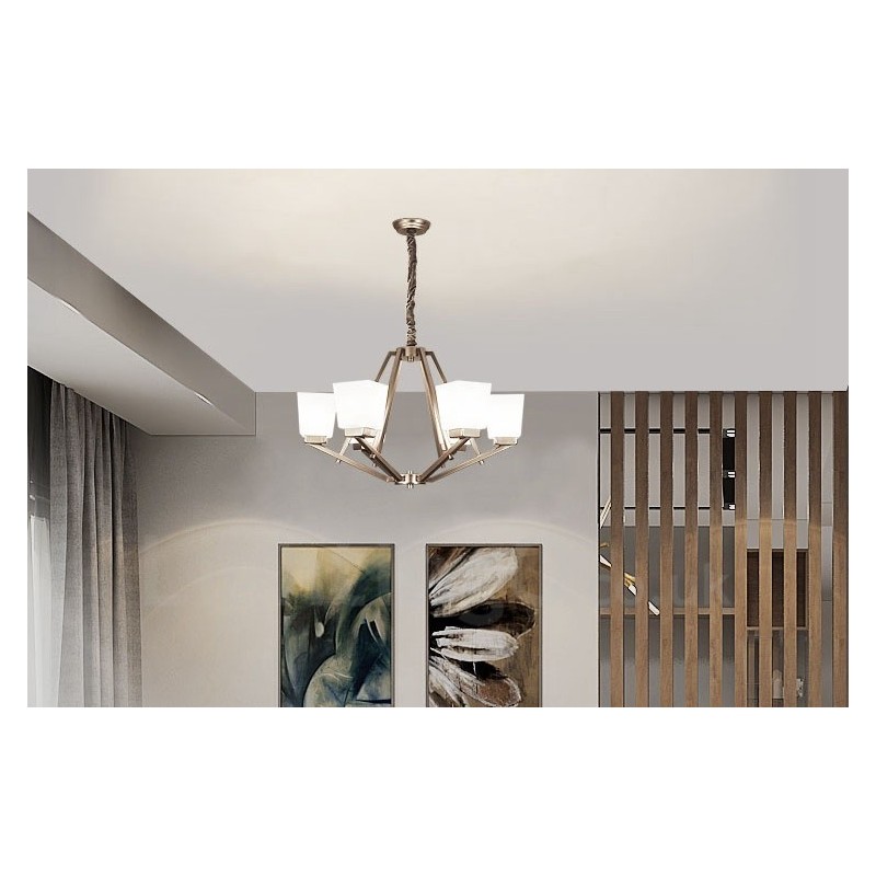 Lámpara colgante cromada de 6 luces para interiores, moderna, con pantallas de vidrio.