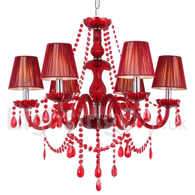 Lámpara de araña estilo vela de cristal K9 rojo de 6 luces