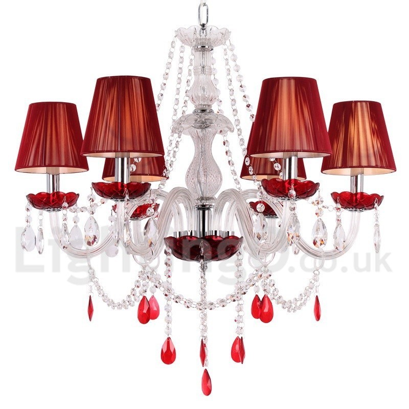 Lámpara de araña estilo vela de cristal K9 rojo de 6 luces