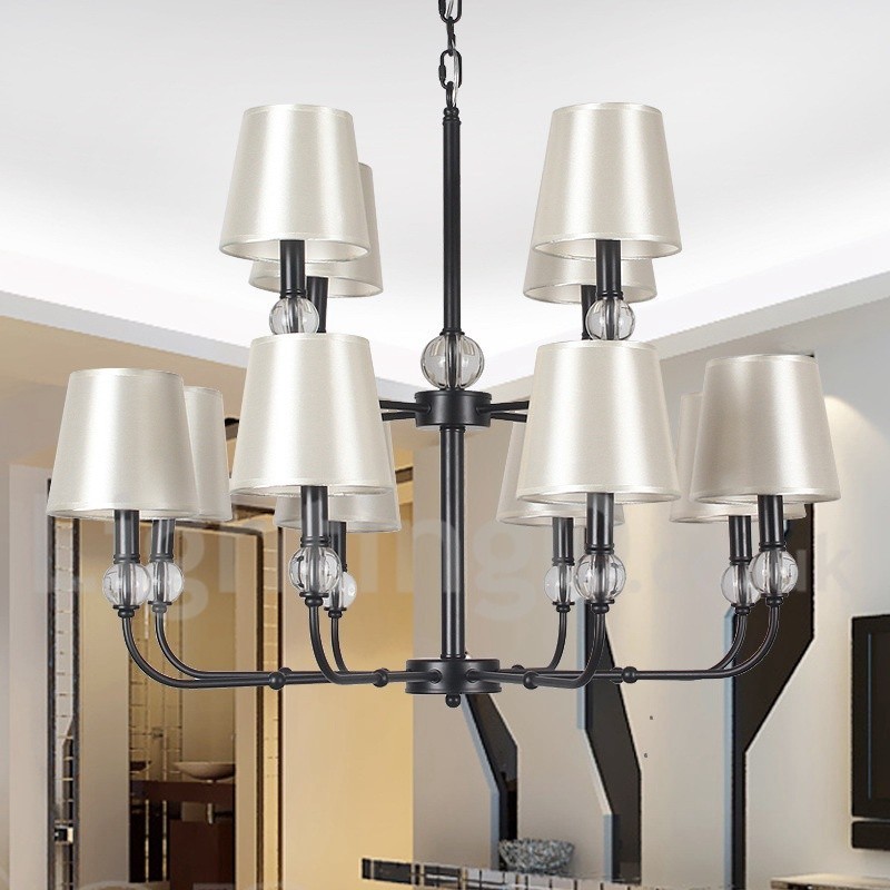 Lámpara de araña contemporánea estilo vela negra grande de 12 luces, estilo retro de 2 niveles