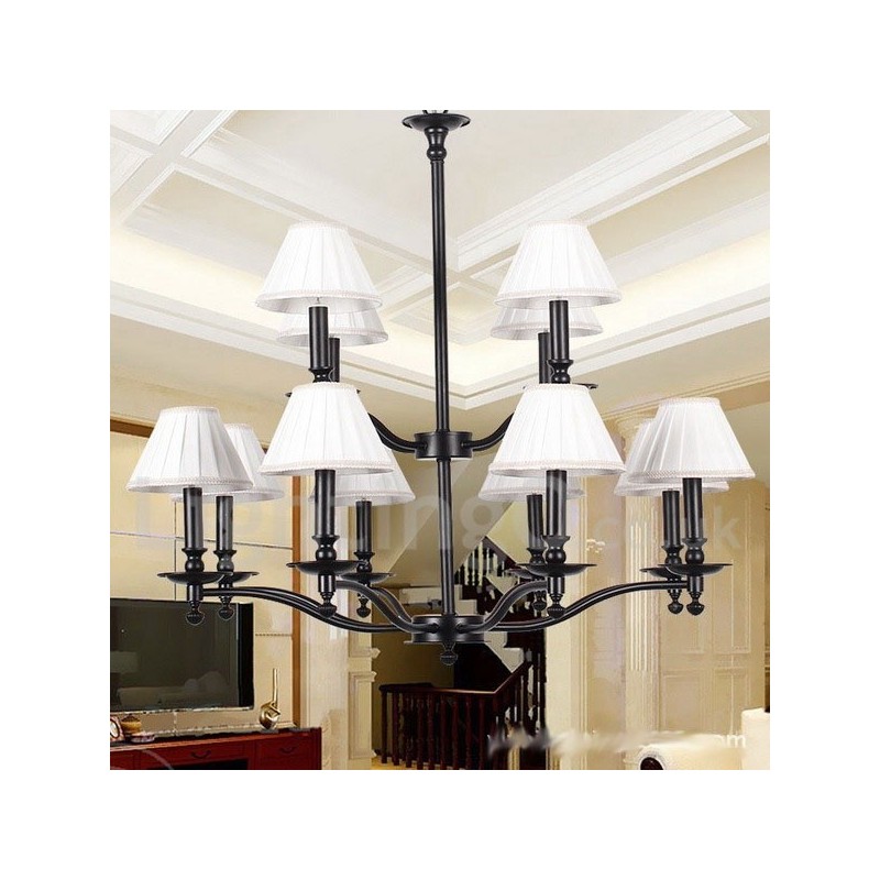 Lámpara de araña grande estilo vela de 12 luces, estilo rústico retro de 2 niveles