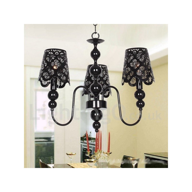 Lámpara de araña moderna contemporánea de 3 luces, estilo vela hueca negra