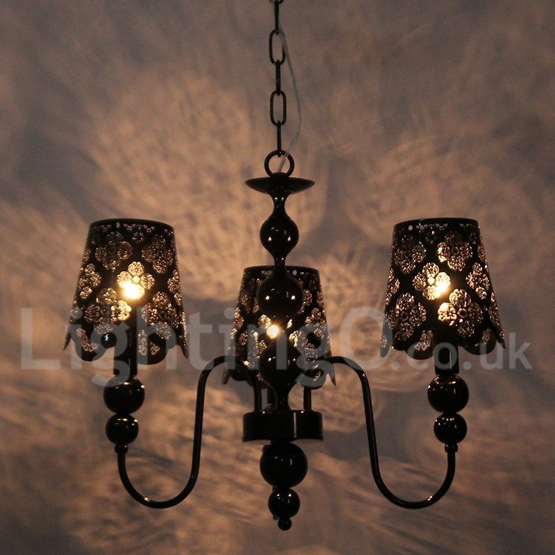 Lámpara de araña moderna contemporánea de 3 luces, estilo vela hueca negra