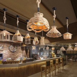 Lámpara colgante rústica tipo cabaña de 1 luz con cuerda de cáñamo para cafetería