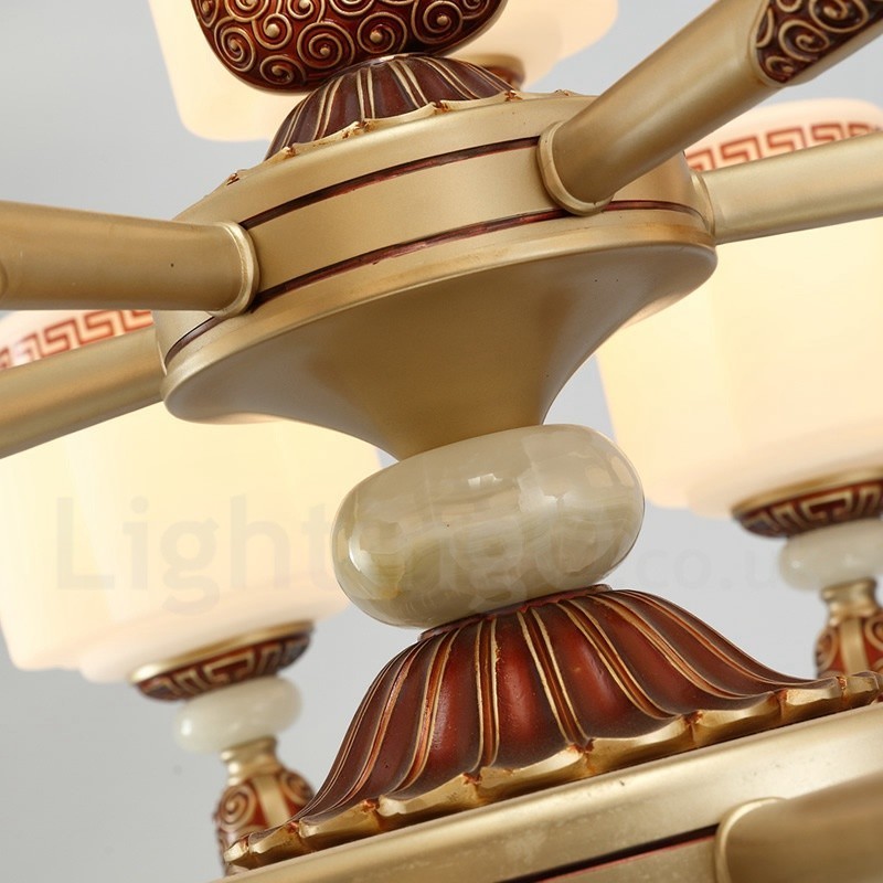 Lámpara de araña de lujo para vestíbulo, estilo retro tradicional de aleación de zinc, con 6 luces y pantalla de cristal.