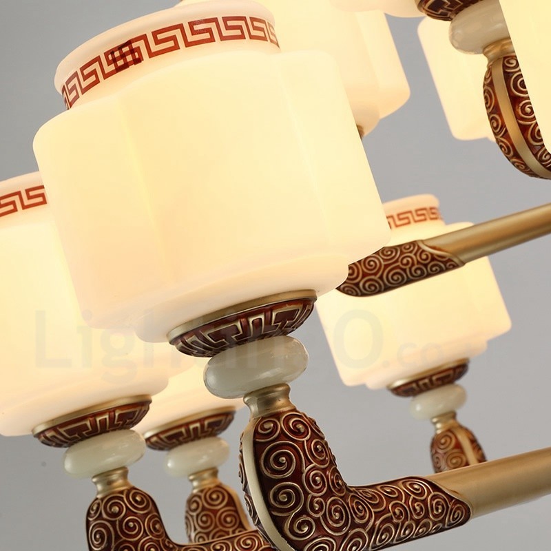Lámpara de araña de lujo para vestíbulo, estilo retro tradicional de aleación de zinc, con 6 luces y pantalla de cristal.