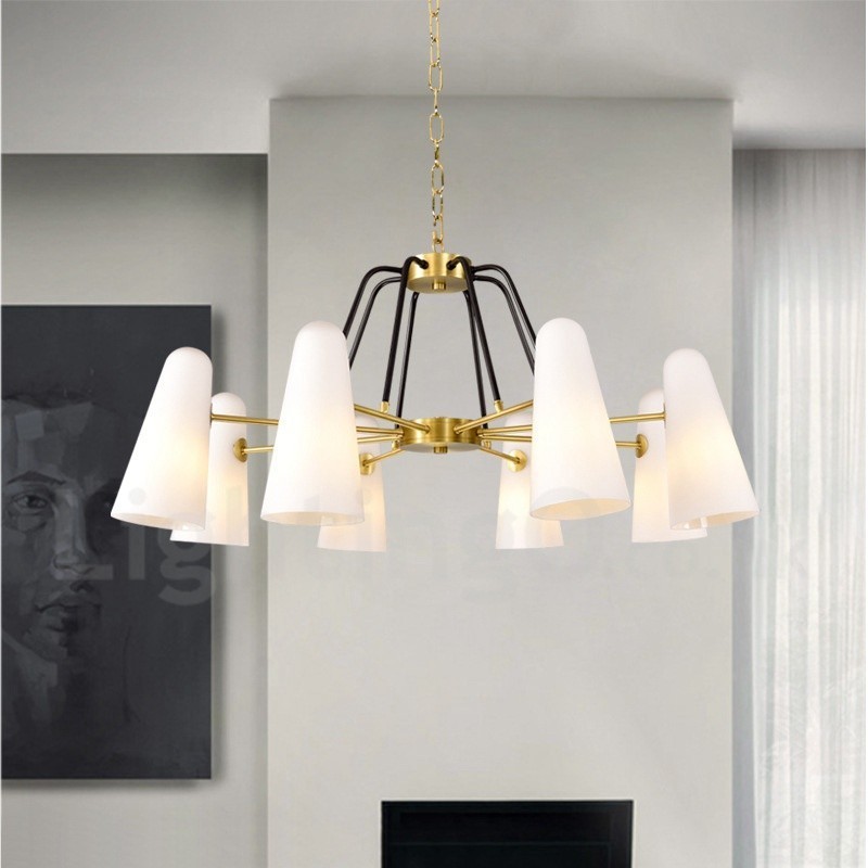 Lámpara colgante de latón rústico retro de 8 luces con pantalla de cristal