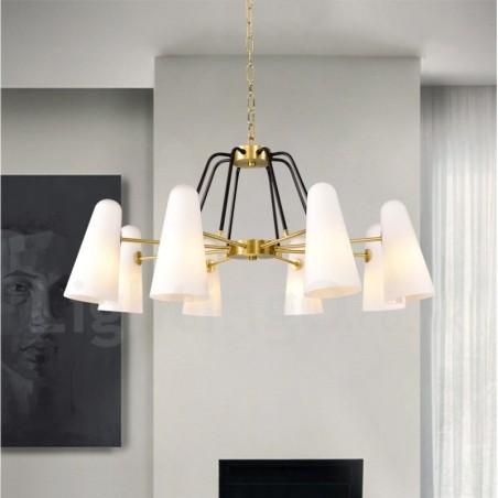 Lámpara colgante de latón rústico retro de 8 luces con pantalla de cristal Lámpara colgante de latón rústico retro de 8 luces con pantalla de cristal