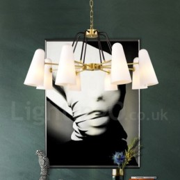 Lámpara colgante de latón rústico retro de 8 luces con pantalla de cristal