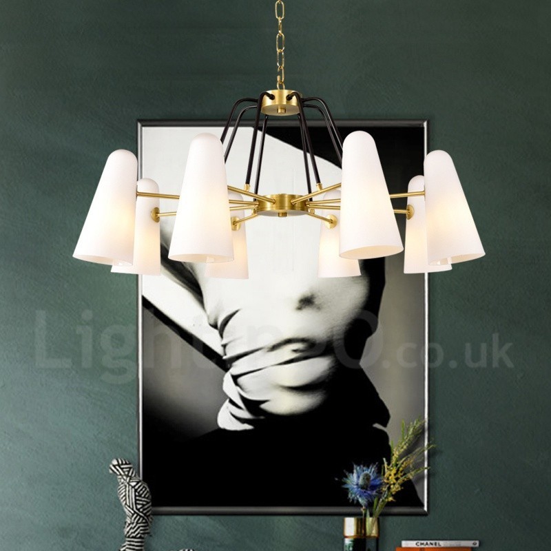 Lámpara colgante de latón rústico retro de 8 luces con pantalla de cristal