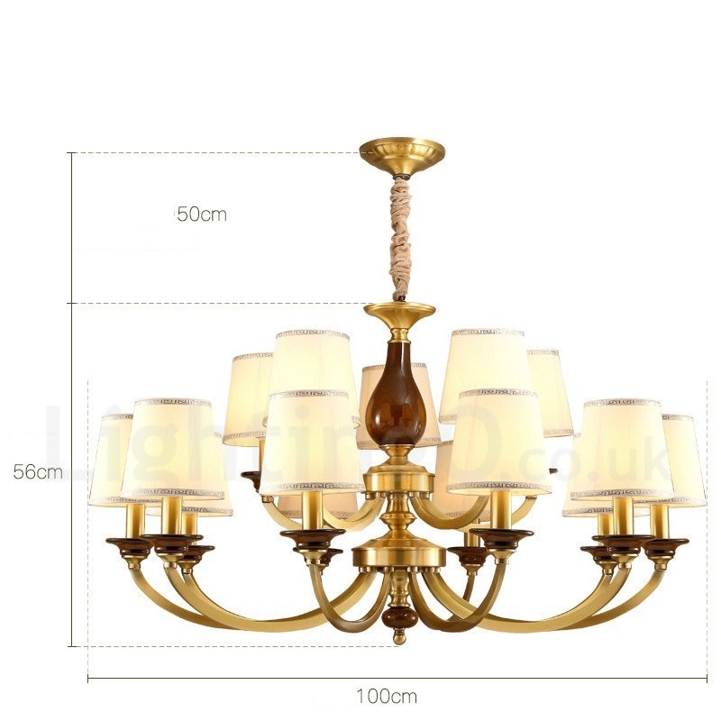 Lámpara colgante de latón rústico retro de lujo de 15 luces con pantalla de cristal