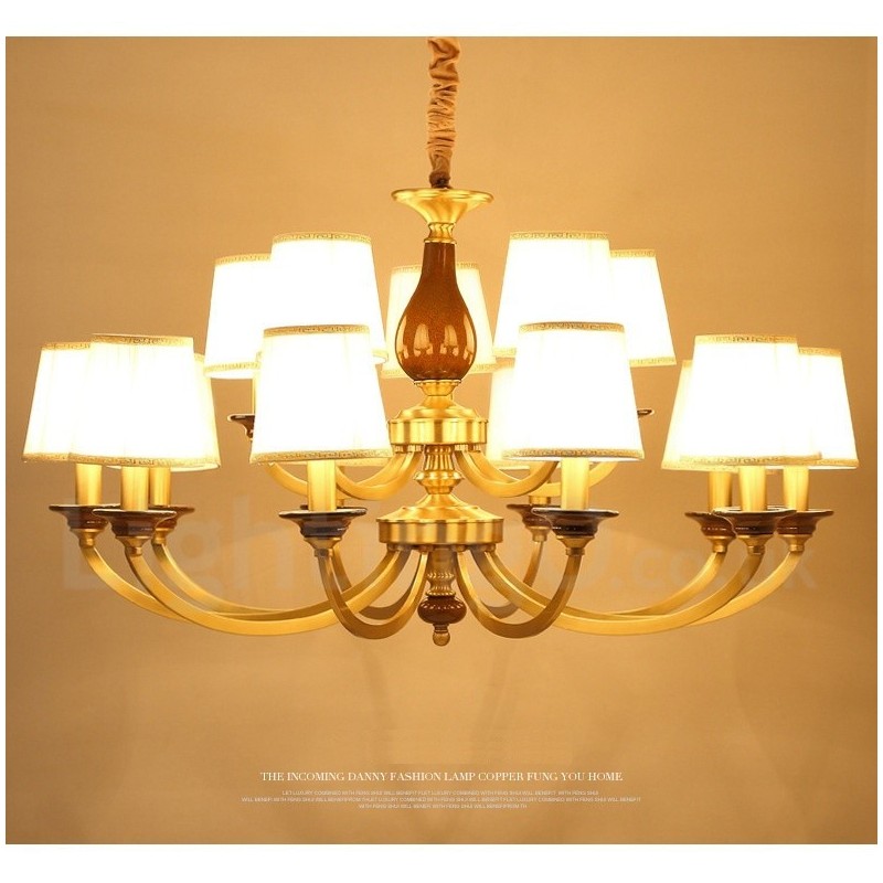 Lámpara colgante de latón rústico retro de lujo de 15 luces con pantalla de cristal