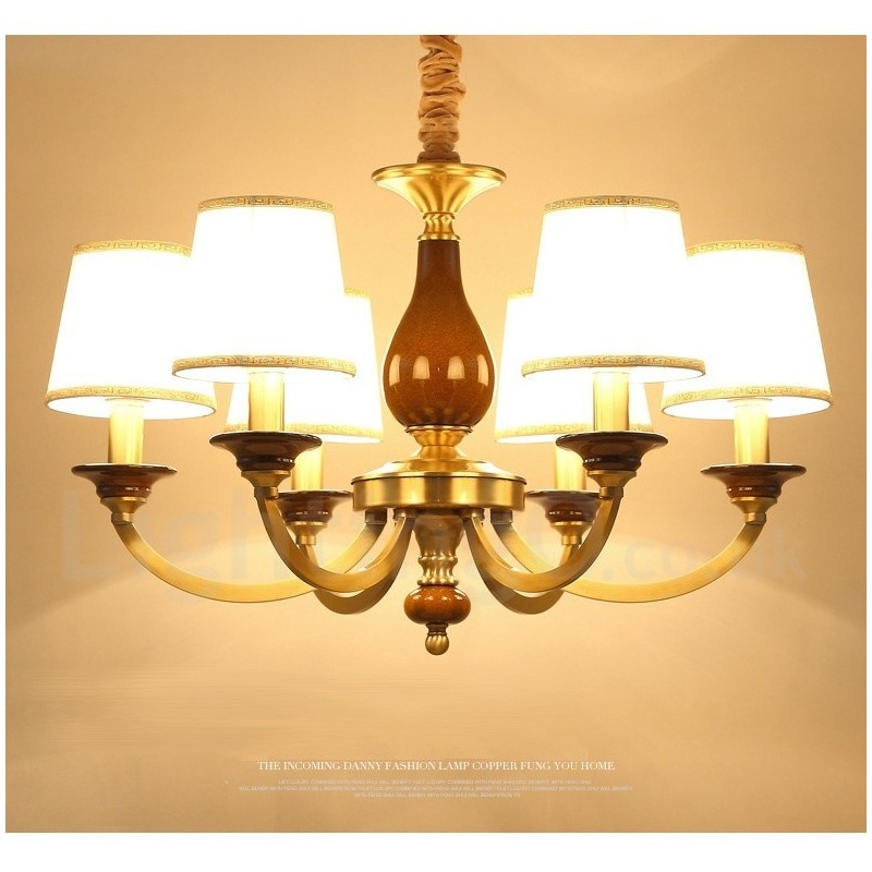 Lámpara colgante de latón rústico retro de 6 luces con pantalla de cristal