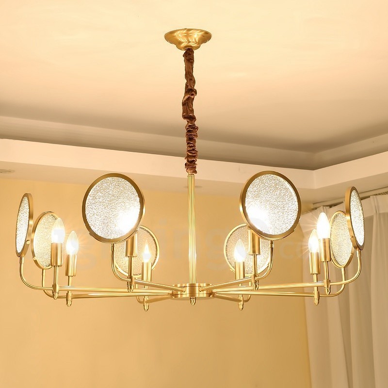 Lámpara colgante de latón rústico retro de 8 luces con pantalla de cristal