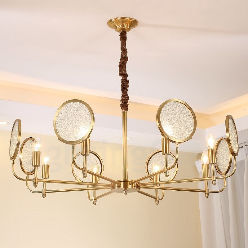 Lámpara colgante de latón rústico retro de 8 luces con pantalla de cristal