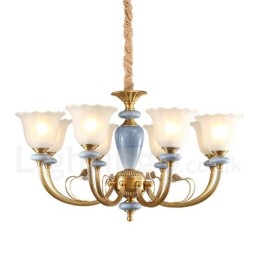 Lámpara colgante de latón rústico retro de 8 luces con pantalla de cristal
