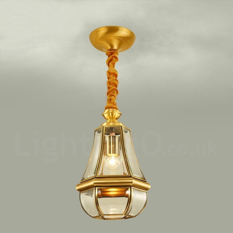 Lámpara colgante de latón rústico retro de lujo de 1 luz con pantalla de vidrio