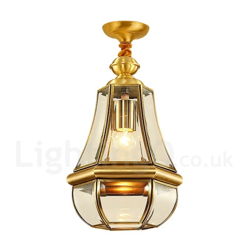 Lámpara colgante de latón rústico retro de lujo de 1 luz con pantalla de vidrio