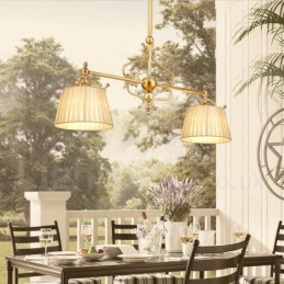 Lámpara colgante de latón rústico retro de lujo de 2 luces con pantalla de tela