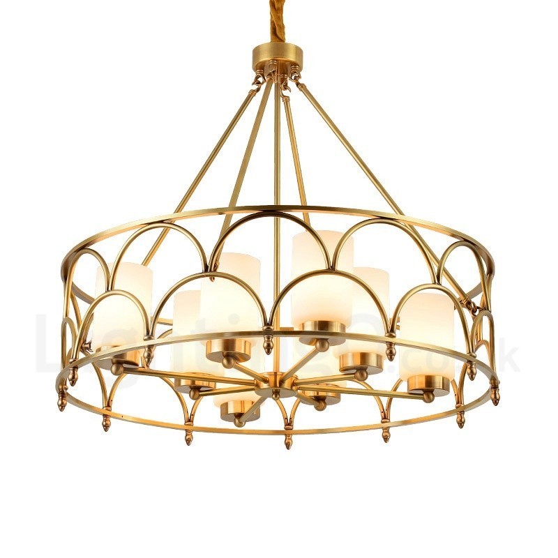 Lámpara colgante de latón rústico retro de 8 luces con pantalla de cristal
