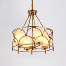 Lámpara colgante de latón rústico retro de 4 luces con pantalla de cristal